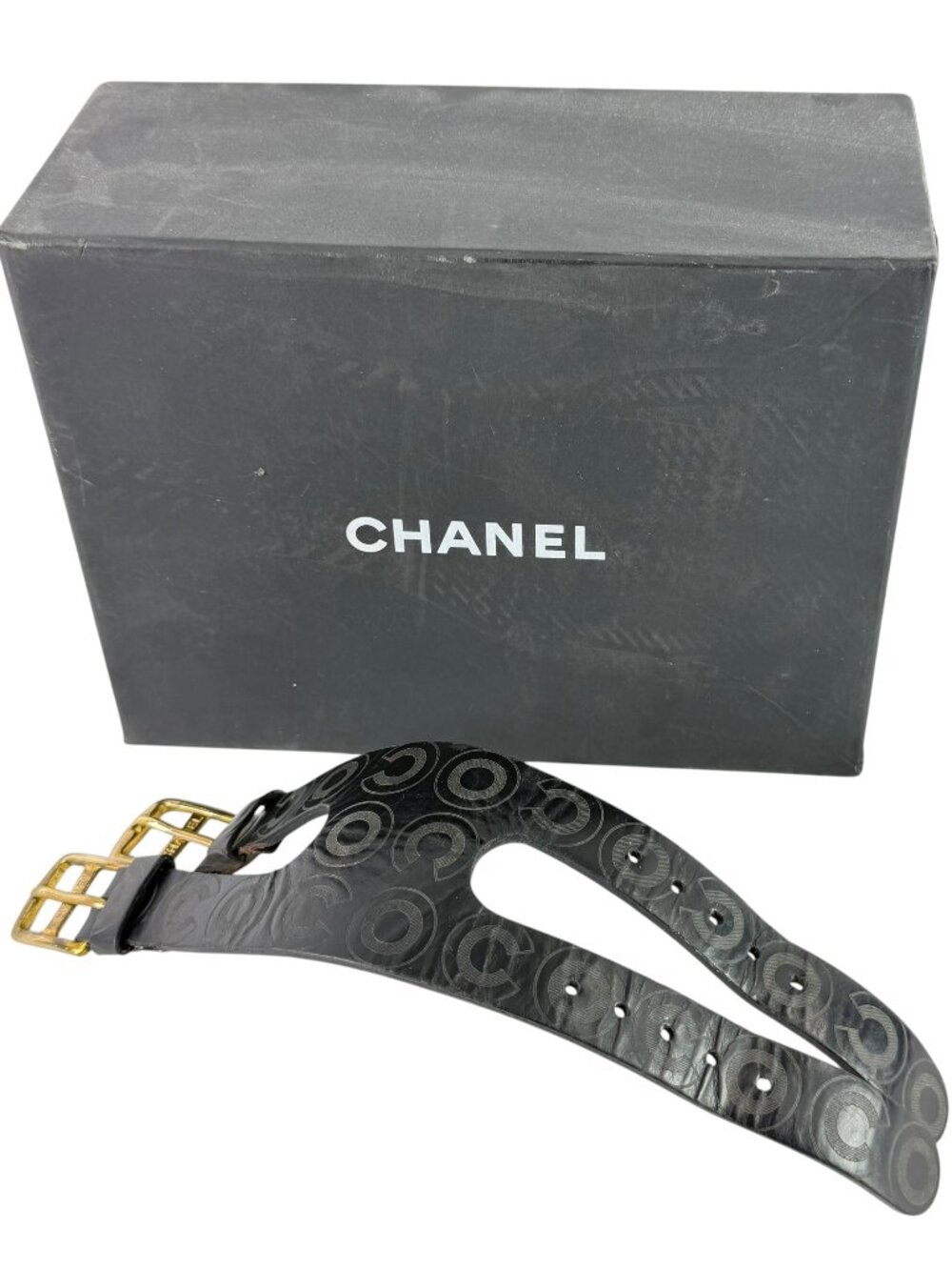 CHANEL Vintage 2001 Black Leather Cuff Bracelet COCO Print Double Buckles
